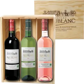 3 bouteilles Bordeaux Bio dans une caisse en bois traditionnelle