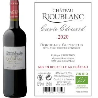 bouteille de vin 75cL ch Rioublanc bordeaux supérieur rouge 2020