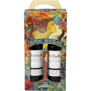 2 bouteilles Bordeaux Bio dans un coffret au décor vendémiaire