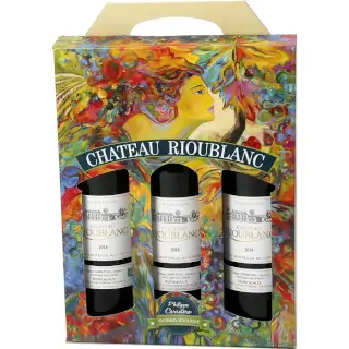 3 bouteilles Bordeaux Bio dans un coffret au décor vendémiaire