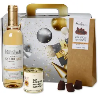 coffret cadeau avec notre moelleux bio, foie gras et chocolats