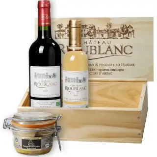 caisse bois vin bordeaux rouge et moelleux et foie gras entier