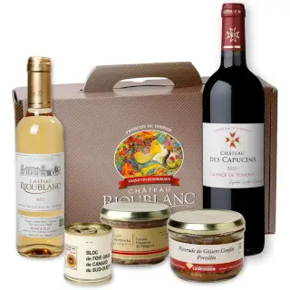 coffret deco avec terrines, foie gras et vins de bordeaux