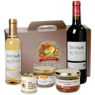 coffret deco avec terrines, foie gras et vins de bordeaux