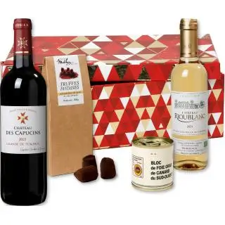 Boîte cadeau, bouteilles Medoc et Moelleux, Foie gras et sucré
