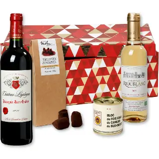 Boîte cadeau, bouteilles Medoc et Moelleux, Foie gras et sucré
