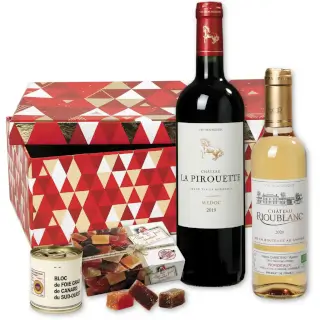 Boîte cadeau, bouteilles Medoc et Moelleux, Foie gras et sucré