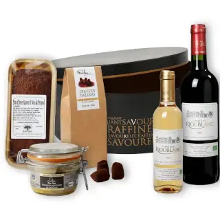 coffret cadeau original vins de bordeaux, truffes et foie gras