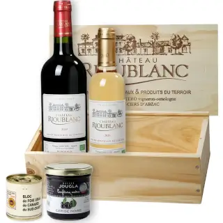 caisse bois 2 bouteilles Rioublanc et Bloc Foie gras IGP