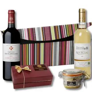 coffret cadeau bouteille bordeaux, foie gras et chocolats fins