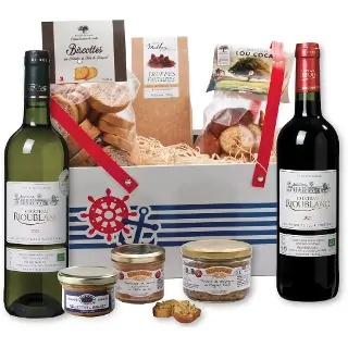 Panier marin vin bordeaux et produits gourmands terre et mer
