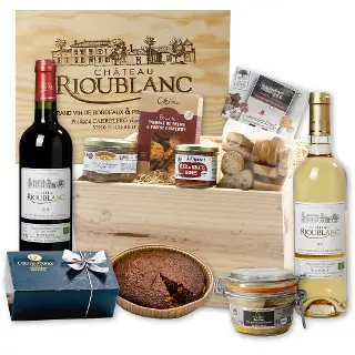 caisse bois 6 bouteilles moisson avec gâteaux, vins et foie gras