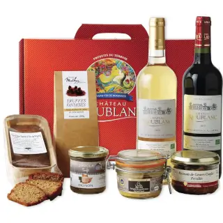 valisette cadeau Noël vins, truffes au chocolat et foie gras