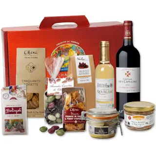 valisette cadeau vins de bordeaux et nombreux produits gourmands
