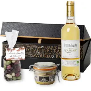 coffret décoratif bouteille moelleux avec foie gras et chocolats