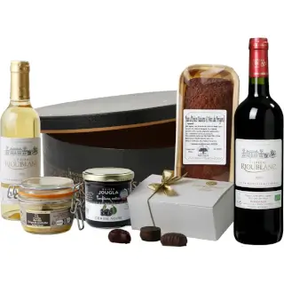 boite cadeau ronde : foie gras, nos vins bio et gourmandises