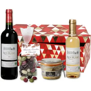 coffret gourmand et gourmet 8 Pièces + 1 bouteille Minervois Sicard ( rouge  fruités ) 75cl.