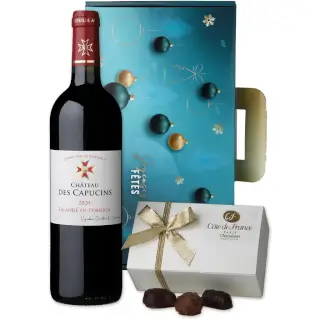 Coffret decor graphique, bouteille vin Rioublanc et truffes