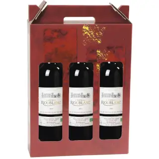 3 bouteilles Bordeaux Bio dans un coffret au décor rouge rubis