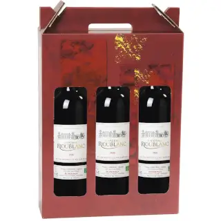 3 bouteilles Bordeaux Bio dans un coffret au décor rouge rubis