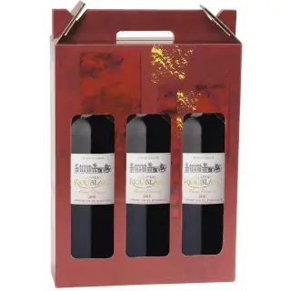 3 bouteilles Bordeaux Bio dans un coffret au décor rouge rubis