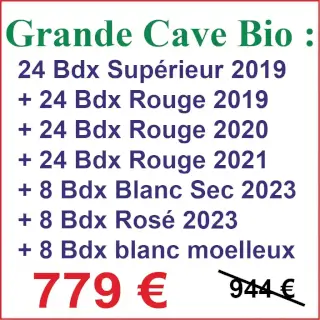 Cave Rioublanc Bio : Voici un assortiment de 48 ou 96 bouteilles de Bordeaux rouge bio et de 12 ou 24 bouteilles assorties Rosé, Blanc sec et moelleux. 